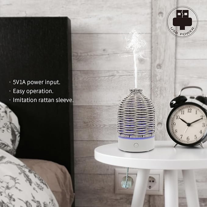 Essential Oil Diffuser - Multifunction Aromatherapy Diffuser 7 LED Color Changing Light 100ML Rattan Diffuser Easy to Clean Suitable for Home,Office (Grey) - Bloomnest