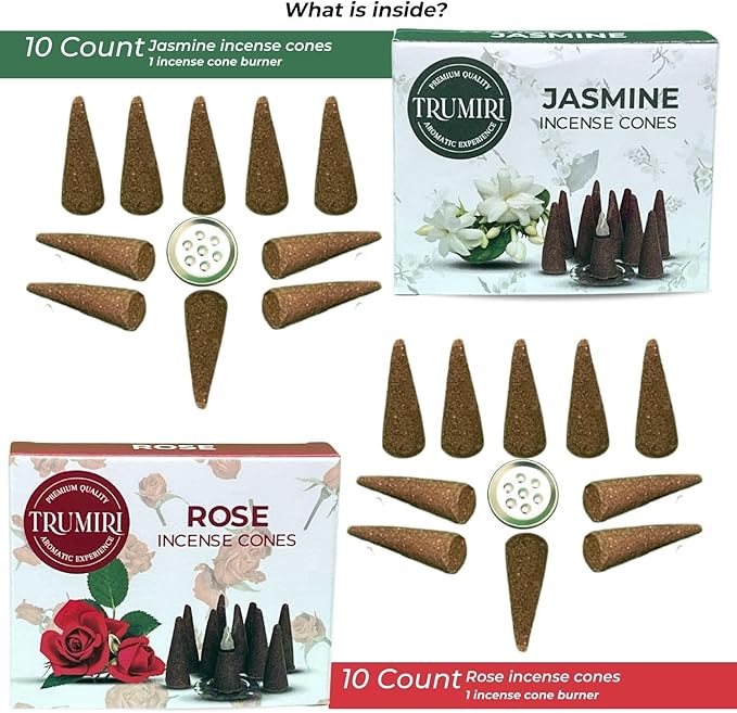 TRUMIRI Incense Cones - Combo Pack of 20 Cone Incense - 10 Rose + 10 Jasmine - Insence Cones - Incense Cones Scented - Cone Incense Scents - Insense Cones - Incent Cone TRUMIRI