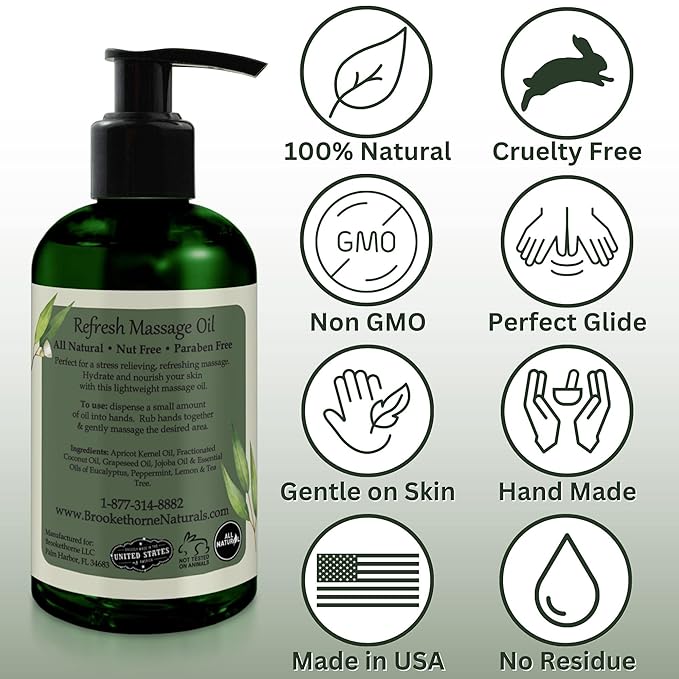 Refresh Massage Oil for Massage Therapy with Eucalyptus & Peppermint Essential Oils - All Natural Sore Muscle Relief. Ideal for Full Body Relaxation – Nut Free Formula 8oz - Bloomnest