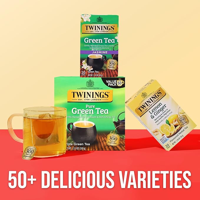 Twinings Pure Green Tea Individually Wrapped Bags, 50 Count (Pack of 6), Smooth Flavour, Enticing Aroma, Caffeinated, Enjoy Hot or Iced, 300 Teabags - Bloomnest