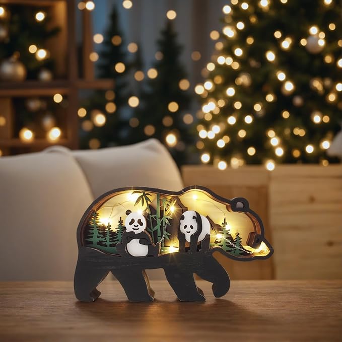 Drawelry 3D Wood Carving Animals Lamp Home Decorative, Cute Bear Family Elephant Presents Ideas Christmas Living Room Office Decor Warm LED Night Lights Gift for Friend Daughter Son Mom Dad (Panda) - Bloomnest