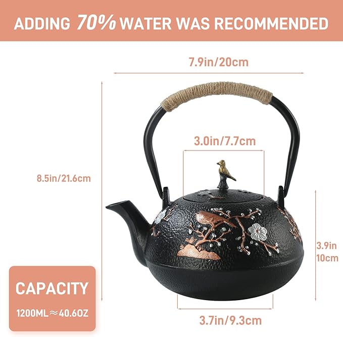 Cast Iron Teapot SECHUDO Teapot for Stovetop Safe Coated with Enameled Interior,Japanese Beautiful Tea Kettle with Stainless Steel Infuser for Loose Tea (40.6oz/1200ml) - Bloomnest