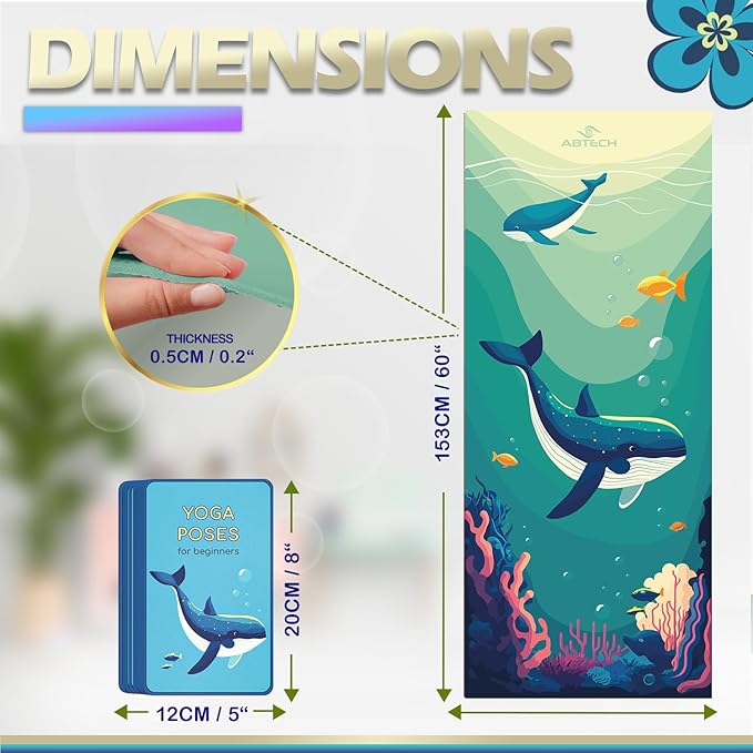 Kids Yoga Mat Set for Boys & Girls - Doll, Unicorn, Mermaid, Panda, Dinosaur and UnderWater - Chemical Free - Non-Toxic - Non-Slip - 60 X 24 X 0.2 Inches - w/ 12 Yoga Cards - Cute Carrier Bag - Ages 3-12 - Bloomnest