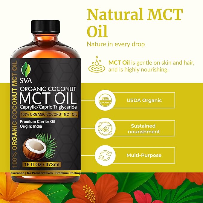 SVA MCT Oil Organic - 16 Fl Oz – 100% Natural Cold Pressed Organic MCT Oil - for Face, Skin Care, Hair Care, Scalp Massage & Body Massage – Carrier Oil - Bloomnest
