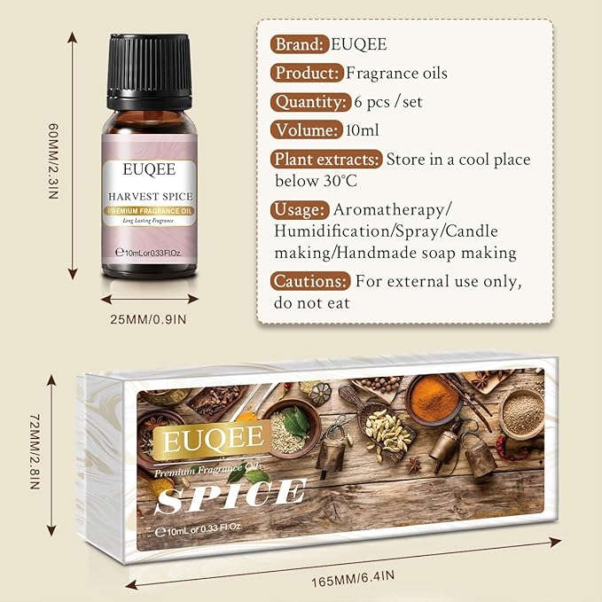 EUQEE 6PCS Spice Autumn Fragrance Oil Set, Scented Oils for Candle Making, Diffusers Aromatherapy Halloween Fragrance Oils for Diffuser & DIY Candles-Sandalwood, Harvest Spice, Bay Rum, Snickerdoodle EUQEE
