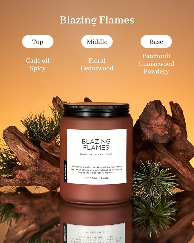 M&SENSE Blazing Flames Scented Candles with Log Fire - Patchouli & Cedarwood, Large Natural Soy 19.4oz 110 Hour Long Lasting Non Toxic Clean Burn Candle Gifts for Men Women - Bloomnest