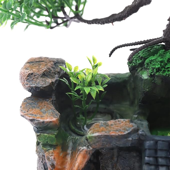 Rockery Tabletop Fountain, Chinese Feng Shui Waterfall Desktop Water Fountain Decor with LED Light, Rockery Tabletop Decoration with Windmills, Plant for Office, Home, Bedroom Desk Decoration