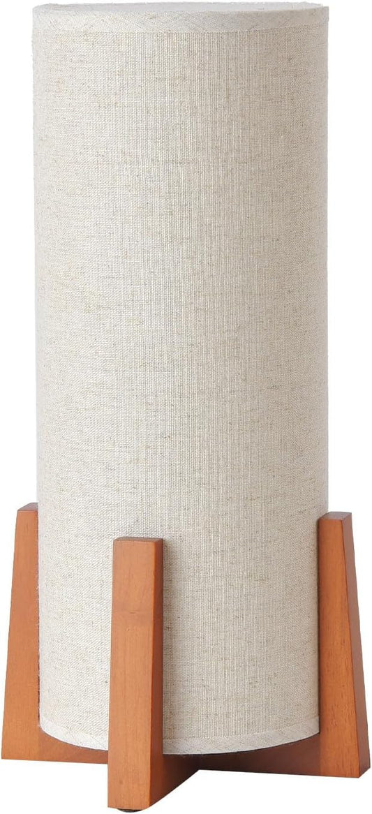 KUNJOULAM Modern Table Lamps, Nightstand Lamp with Linen Fabric Shade Brown Wooden Base, 13.9" Cylinder Bedside Table Lamp for Bedroom, Cafe, Living Room Home Decor - Bloomnest