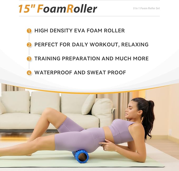 5 in1 Foam Roller Set, Trigger Point Foam Roller, Massage Roller Stick, Massage Ball, Resistance Band for Deep Muscle Massage Pilates Yoga,Fitness Exercise for Whole Body (Pure Blue)