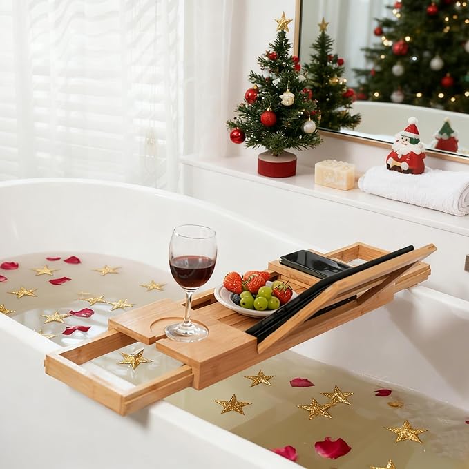 Utoplike Bamboo Bathtub Caddy Tray Bath Tray for Tub, Adjustable Bathroom Bathtub Organizer with Book Tablet Wine Glass Cup Towel Holder - Bloomnest