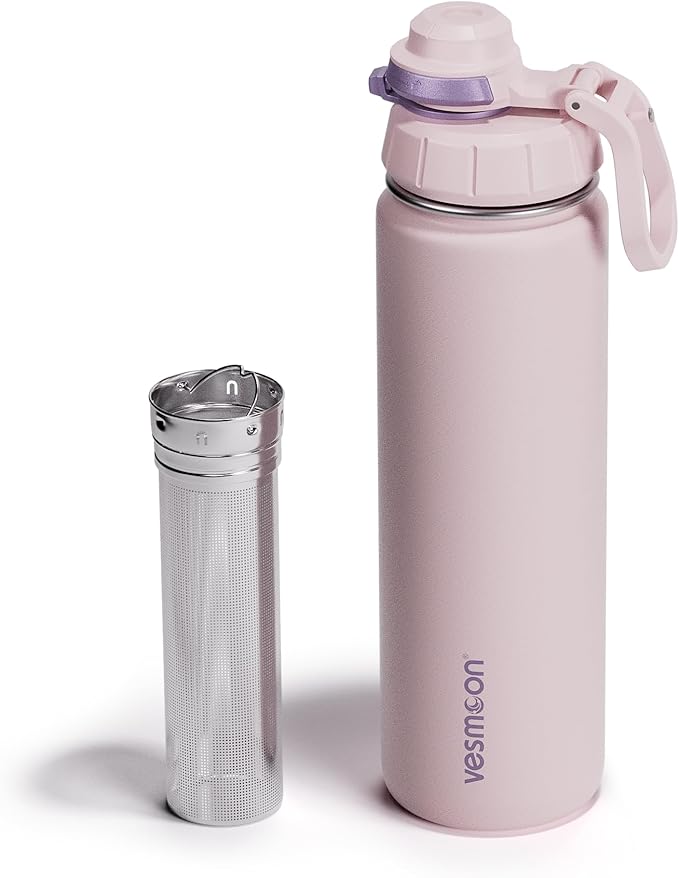 Vesmoon Vessence 24 Oz Stainless Steel Tea Infuser Bottle for Loose Leaf Tea, Water, Herbs, Fruits - Triple Layered Insulated, Leak Proof Bottle with Lid and Clip Handle - 24 Hours Hot/Cold - Bloomnest
