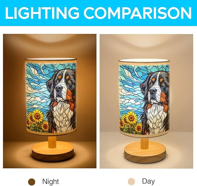 Bernese Mountain Table Lamp LED 3-Color Pressed Bedside, Dog Shade Lamp with Wood Base for Bedroom Living Room Desk Office - Bloomnest