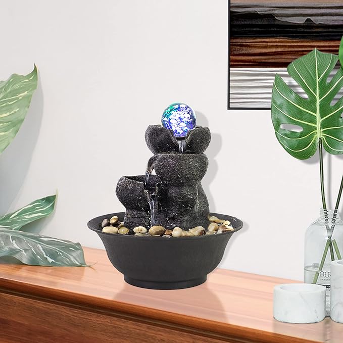 Ferrisland Tabletop Waterfall Fountain - 3-Step Modern Water Fountain with LED Light for Office Desktop Decor - Bloomnest