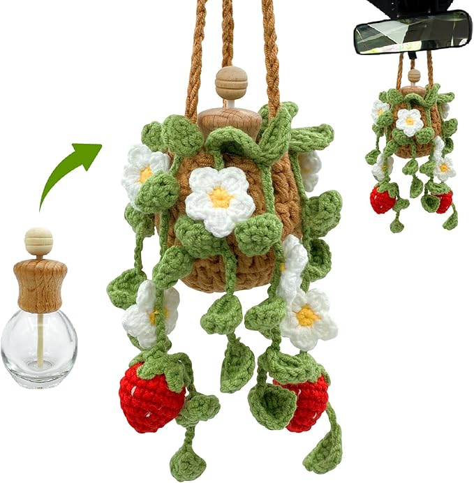 Crochet Car Air Freshener, 15ml Empty Refillable Oil Diffuser Bottle with Hanging Crochet Cute Plant for Car Rearview Mirror Decor Air Freshener Diffuser for Home and Office Decor(Two Strawberry) - Bloomnest