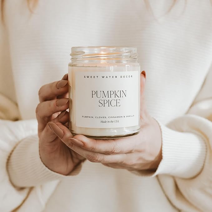 Sweet Water Decor Pumpkin Spice Candle - Fall Candles with Pumpkin, Clover, Cinnamon & Vanilla Scent for Home - Autumn Candle with 40 Hours Burn Time - 9Oz Gold Lid Clear Jar Pumpkin Soy Candles - Bloomnest