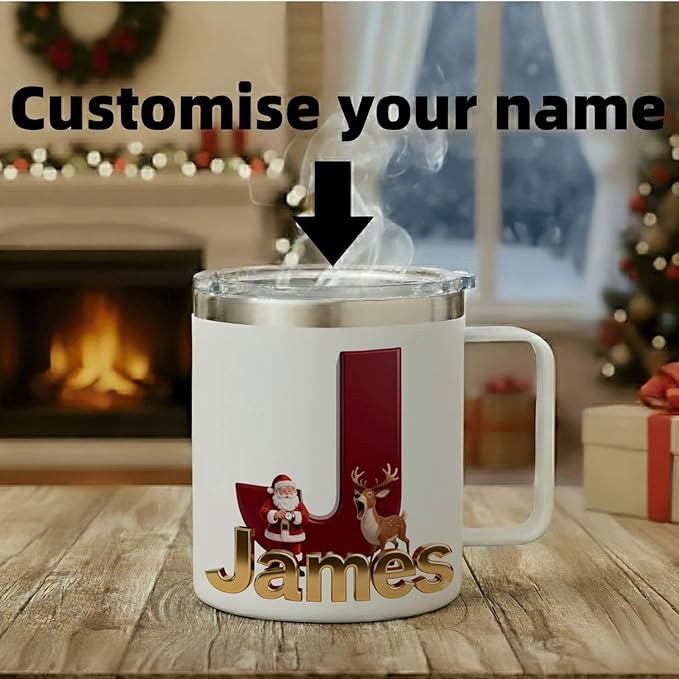 Personalized Christmas Insulated Coffee Mug with Handle – Letter [C] Double Wall Stainless Steel Travel Tumbler for Hot & Cold Drinks – Unique Holiday Gift for Men, Women, & Kids (B128) - Bloomnest