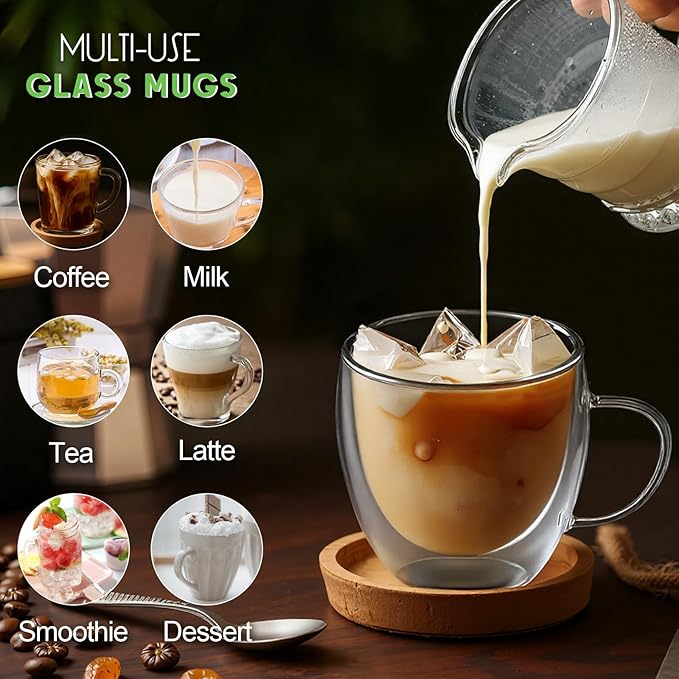 Glass Coffee Cups Set of 4, 8.5oz Double Walled Glass Mugs with Handles, Clear Insulated Coffee Mug Espresso Cups, Cappuccino Latte Tea Cups Set, Heat Resistant Borosilicate Clear Glasses - Bloomnest