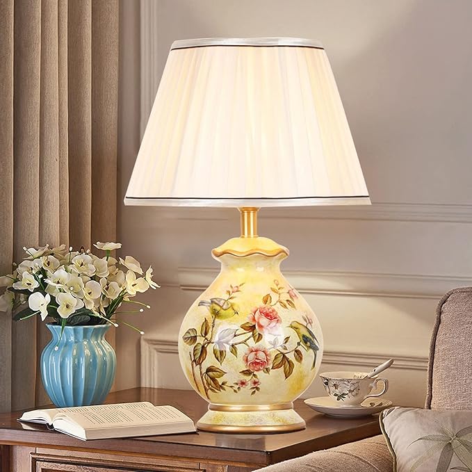 20.4" Chinoiserie LED Table Lamp, American Flower and Bird Ceramic Chinoiserie Table Lamp, Yellow Fabric Shade with Hardware Base Round Bedside Lamp Bedroom Study Hotel Home Decoration - Bloomnest