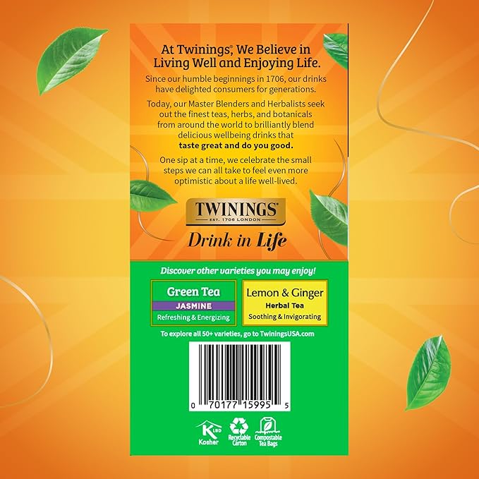 Twinings Pure Green Tea Individually Wrapped Bags, 50 Count (Pack of 6), Smooth Flavour, Enticing Aroma, Caffeinated, Enjoy Hot or Iced, 300 Teabags - Bloomnest