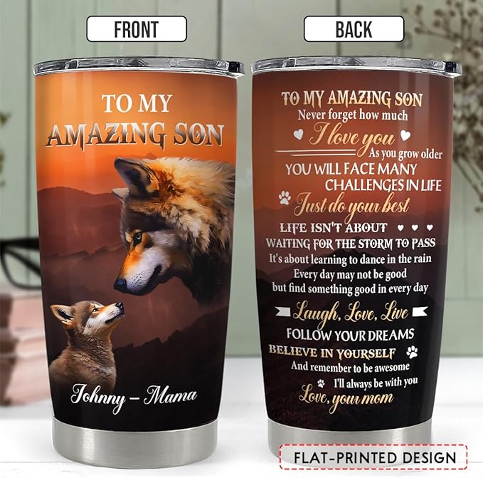 SANDJEST Personalized Wolf Tumbler To Son From Mom 20oz 30oz Tumblers with Lid Gift for Son Christmas Birthday - Bloomnest