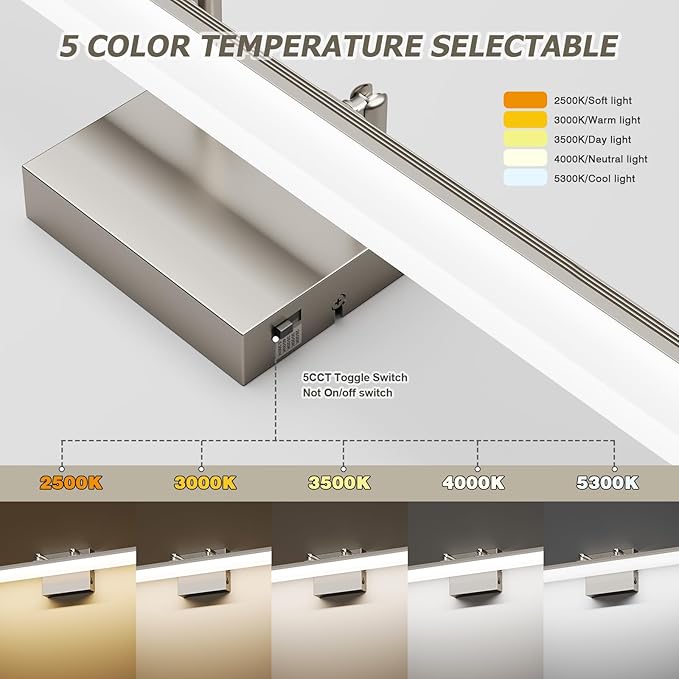 Brushed Nickel Vanity Light 24", 5CCT Dimmable LED Bathroom Light Bar, 18W Wall Mount Fixture with Adjustable Angle & ETL Driver – Modern Lighting for Bathroom, Powder Room, Bedroom - Bloomnest