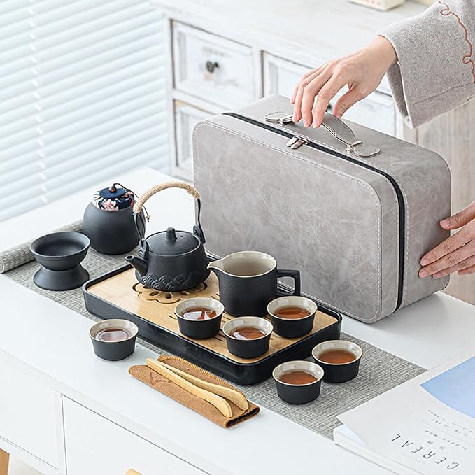 Japanese Tea Set, Portable Ceramic TeaSet, Asian Tea Sets for adult, Tea Gift sets, Travel Tea Set with Teapot,Teacups,Tea Canister,Tea Tray and Travel Bag, Home,Outdoor and Office - Bloomnest