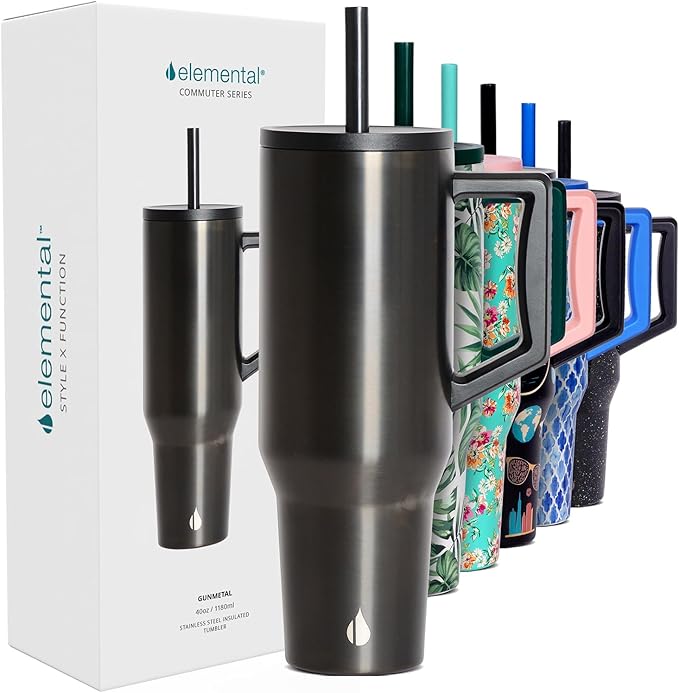Elemental 40 oz Tumbler with Handle and Straw - Spill Proof Insulated Stainless Steel Commuter for Hot and Cold Beverages - Travel Coffee Mug with 2 Straws & Spill Proof Lid - 40oz- Gunmetal - Bloomnest