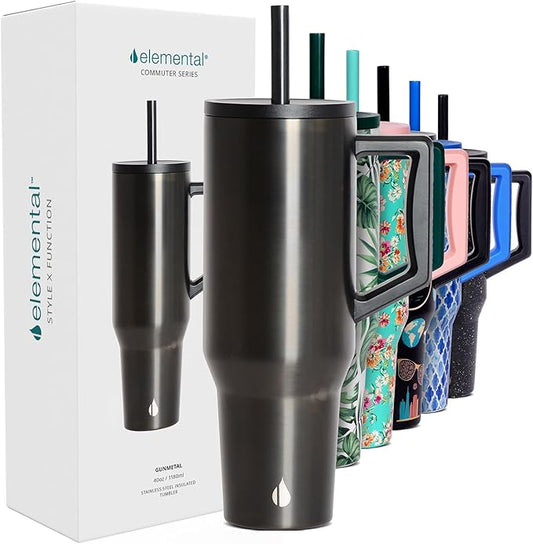 Elemental 40 oz Tumbler with Handle and Straw - Spill Proof Insulated Stainless Steel Commuter for Hot and Cold Beverages - Travel Coffee Mug with 2 Straws & Spill Proof Lid - 40oz- Gunmetal - Bloomnest