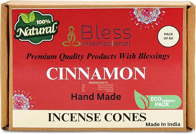 Bless International Cinnamon 100%-Natural-Incense-Cones Handmade-Hand-Dipped Organic-Chemicals-Free for-Purification-Relaxation-Positivity-Yoga-Meditation The-Best-scents (60 Count) BlessInternational