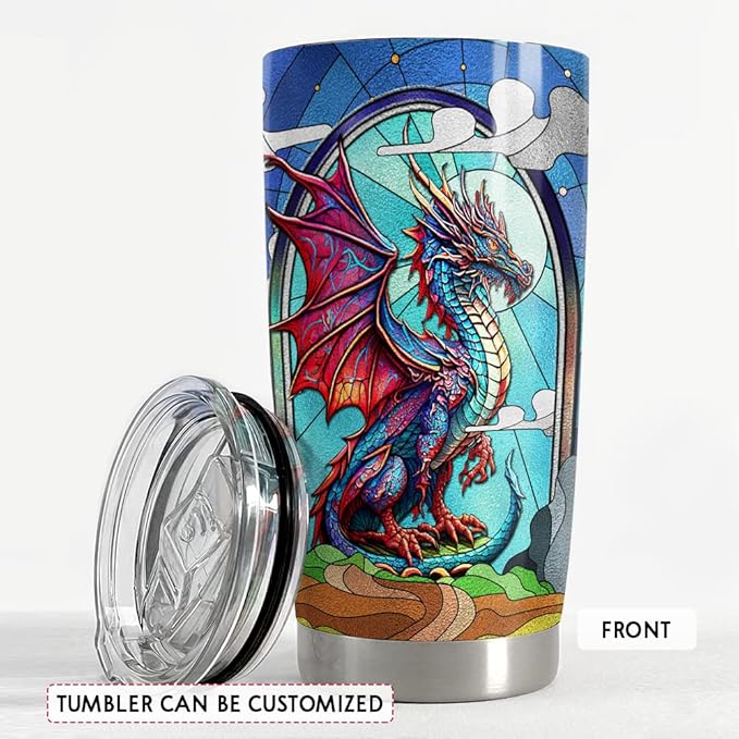 SANDJEST Personalized Dragon Tumbler with Customize Name Stained Glass Drawing 20oz 30oz Tumbler with Lid Gift for Woman Man Dragon Lovers - Bloomnest