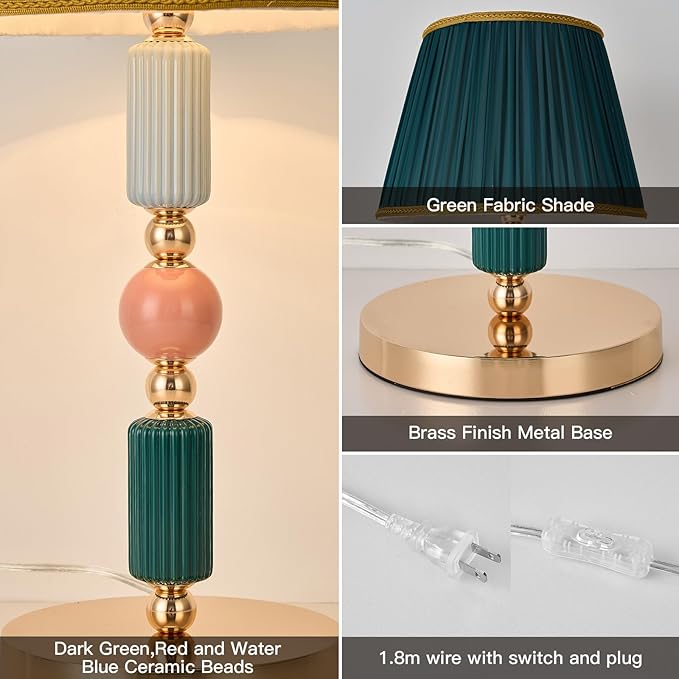 Green Fabric Shade Table Lamp Modern Metal Desk Lamp with Plug Cord Switch for Bedroom Bedside - Bloomnest