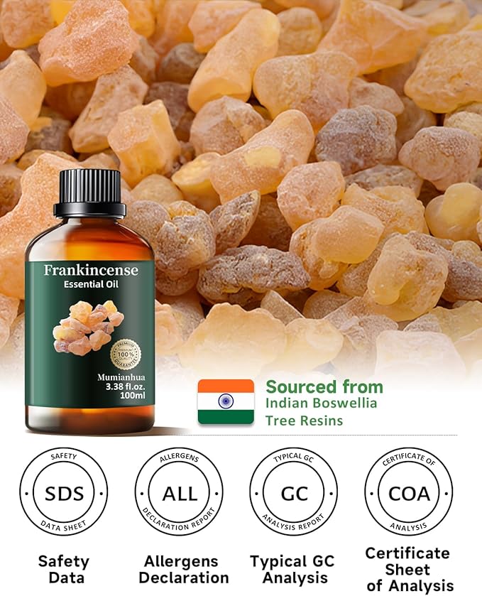 Mumianhua 100% Pure Frankincense Essential Oil Natural Frankincense Oil for Aromatherapy Therapeutic Grade Resin Oil for Skin, Meditation Diffuser & Candle Making | for Home & Office Focus 3.38 Fl Oz - Bloomnest