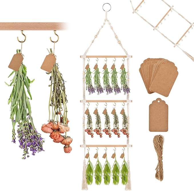 3-Tier Hanging Herb Drying Rack, Includes 25 Gift Tags & 32ft Natural Jute Twine, Handwoven Hanging Herb Dryer Rack Plant Hanger for Drying Herbs, Flowers, Sage(COLOR:Beige) - Bloomnest