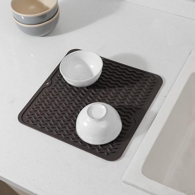Silicone Dish Drying Mat for Multiple Usage,Easy clean,Eco-friendly,Heat-resistant Silicone Mat for Kitchen Counter or Sink,Refrigerator or Drawer liner Coffee M 12 inches x 12 inches - Bloomnest