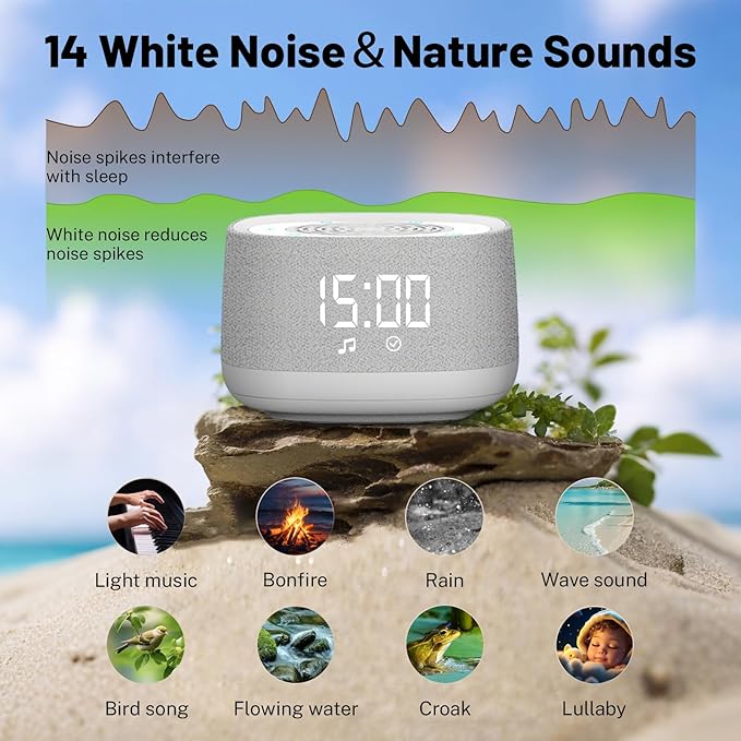 Sound Machine & Clock with Bluetooth 5.4, 14 Soothing White Noise Sounds, Night Light, Sleep Timer, 1000mAh Portable Rechargeable Sound Machine for Adults, Home, Travel, Office (White, Standard Size) - Bloomnest