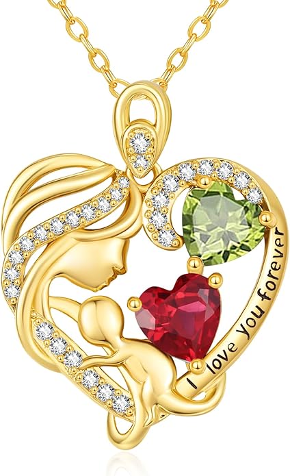 14K Gold Double Birthstone Heart Necklace for Women Mom, Mother Son/Daughter Pendant Necklace for Christmas Mother's Day Birthday Gifts for Wife Daughter Grandmom - Bloomnest