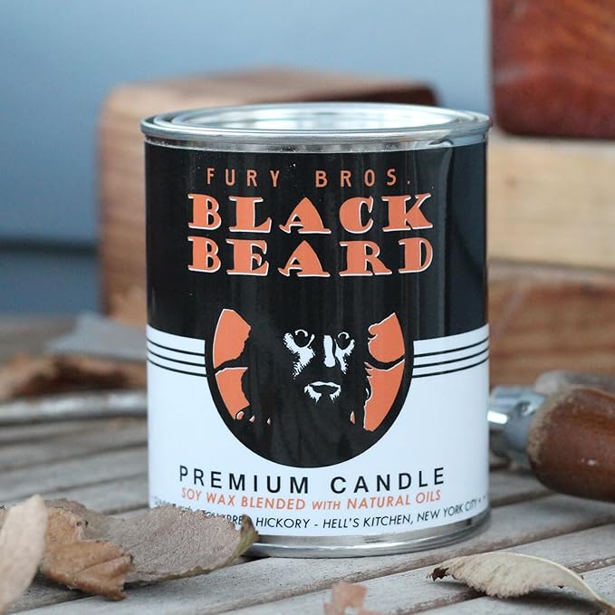 Fury Bros. Scented Candles for Men | Black Beard | Gunpowder & Charred Hickory | Natural Soy Wax | Hand-Poured in the USA | Long 70-80 Hour Burn (12.5 oz) | Vintage-inspired Tin Design | Dad Home Gift - Bloomnest