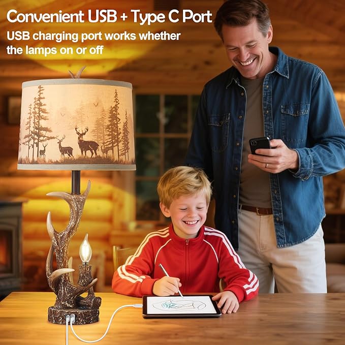2PACK Rustic Antler Table Lamps Included 4 Bulbs for Bedroom, 28'' Farmhouse Antler Table Lamp with Deer Forest Lampshade USB + Type C Ports Decor for Living Room End Table Cabin Office House - Bloomnest