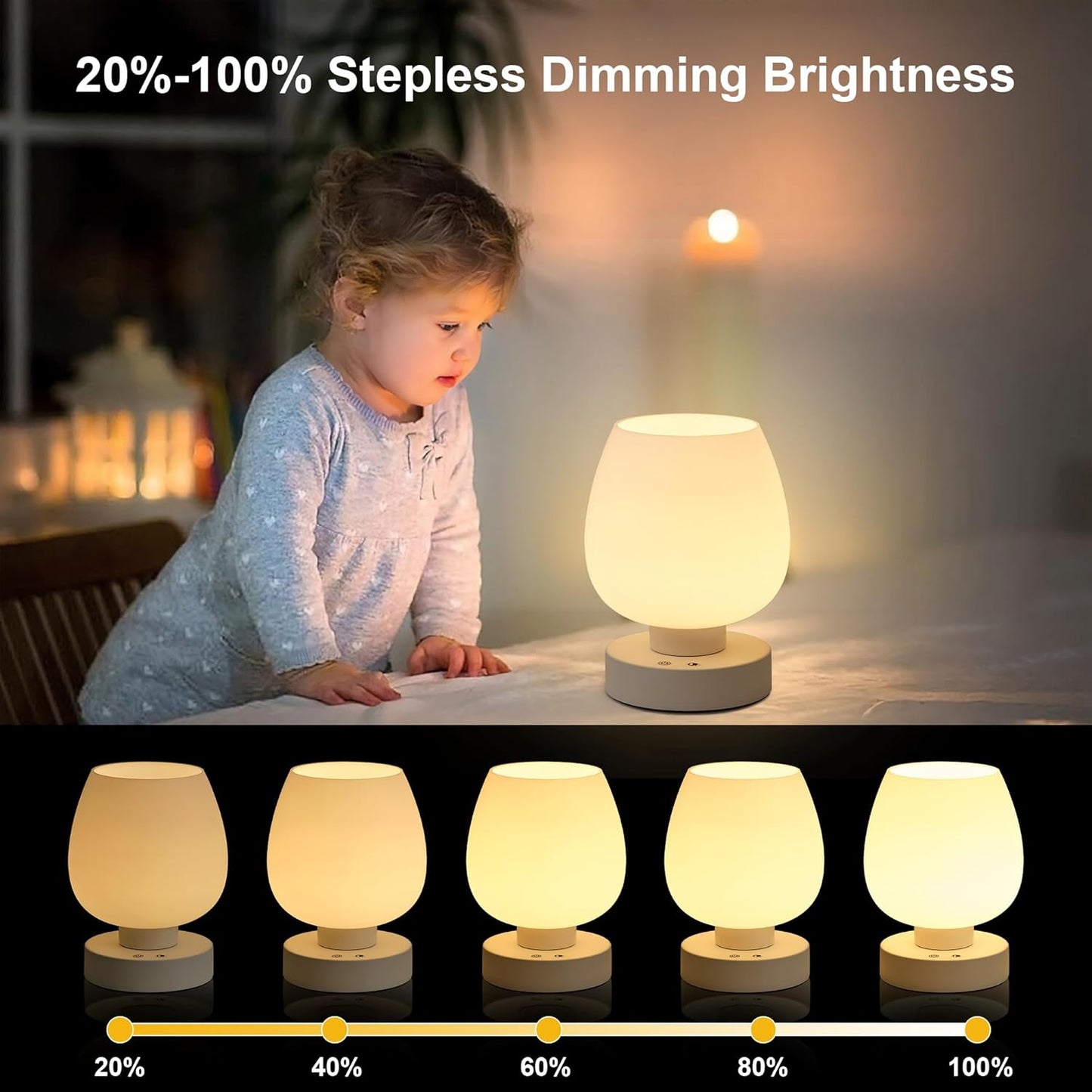 Cordless Portable Touch Bedside Table Lamp - Rechargeable Modern Small Table Lamp with White Glass Shade, Stepless Dimmable & 8 RGB Colors & Memory, Desk Lamp for Nursery Bedroom Nightstand, Gifts