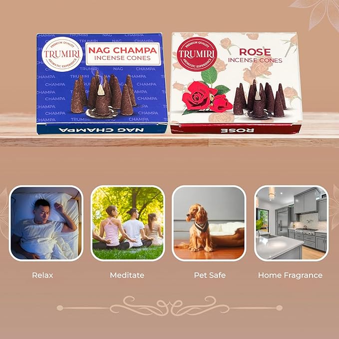 TRUMIRI Incense Cones - Combo Pack of 20 Cone Incense - Nag Champa & Rose Scents TRUMIRI