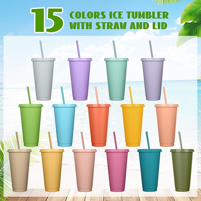 Honeydak 60 Pack Tumbler with Straw and Lid Bulk Water Bottle Iced Coffee Travel Mug Cup Reusable Plastic Cups for Party Birthdays 24-27 oz (Fresh Color) - Bloomnest