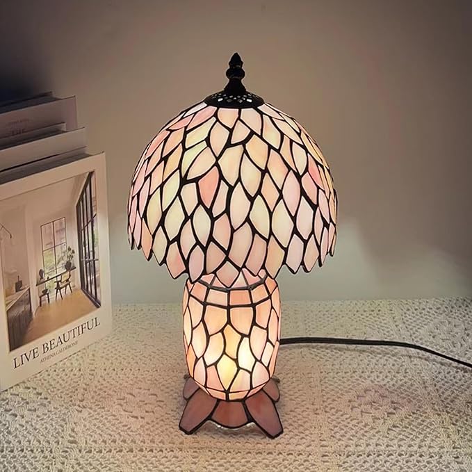 Small Tiffany Lamp Stained Glass Table Lamp Mini Mother Daughter Vase Desk Accent Night Light for Bedroom Bedside Reading Home Antique Style 8X14 Inches (Pink Wisteria) - Bloomnest