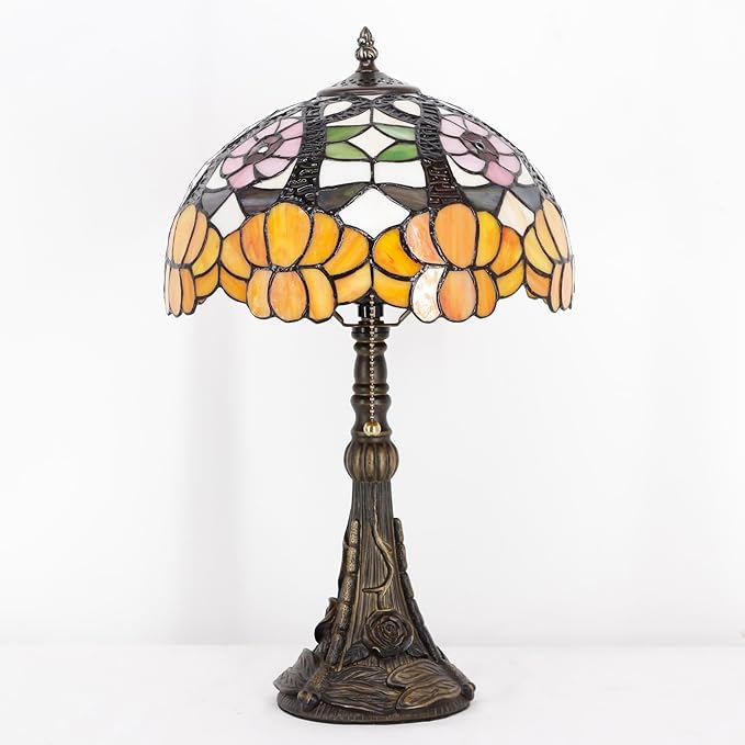 Tiffany Stained Glass Table Lamp 12X12X19 Inch Orange Flower Style Desk Bedroom Living Room Reading Light (Orange Flower) - Bloomnest