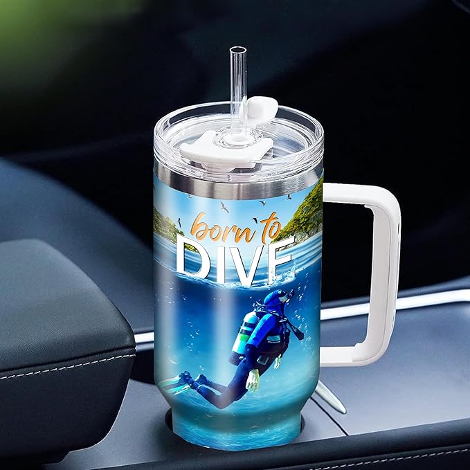 WAZONE Personalized Scuba Diving Coffee Tumbler 40oz with Handle and Straw Customized Name Insulated Travel Cup Tumblers Gifts for Diver Divers Men Women Husband On Birthday Christmas - Bloomnest