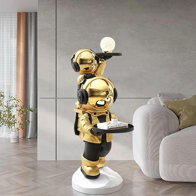 Modern Gold Astronaut Floor Sculpture, Spaceman Figurine Statue with Tray Top for Home Decoration - Bloomnest
