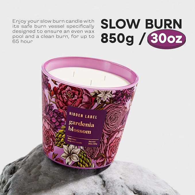 Hidden Label Big Gardenia Blossom Soy Candle, 3 Wick Large Candles for Home Scented, Natural Non Toxic Soy Candles,30oz /100 Hour Burn Time, Aromatherapy Candle for Stress Relief,Relaxation - Bloomnest