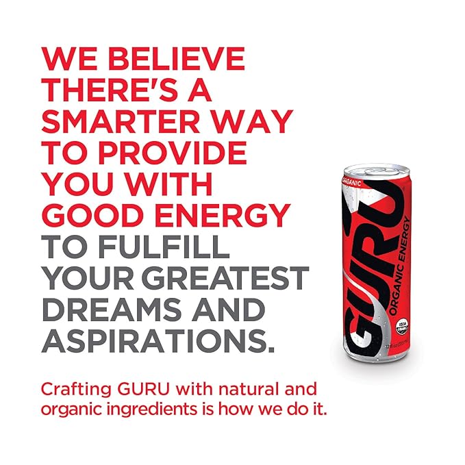 GURU Original Organic Energy Drinks, Clean Energy Drink with Plant Based Natural Caffeine from Green Tea, Gluten Free and Vegan, 140MG Caffeine, Healthy Drinks, 12oz (Pack of 24) - Bloomnest
