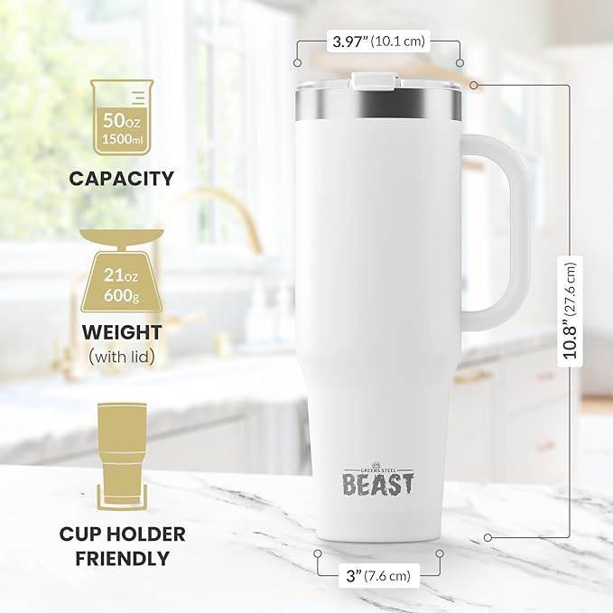 Beast 50 oz Tumbler Stainless Steel Vacuum Insulated Coffee Ice Cup Double Wall Travel Flask (Arctic White) - Bloomnest