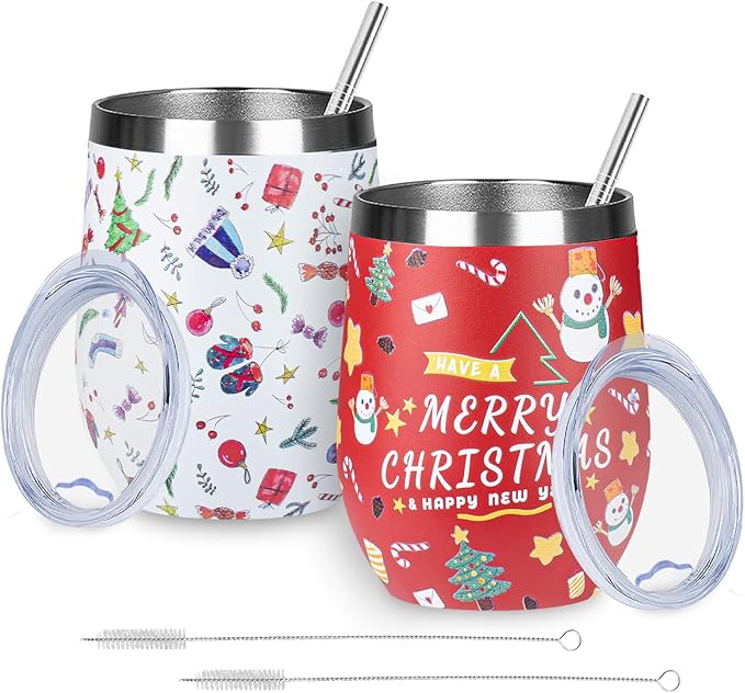 12oz Christmas Wine Tumbler with Lid and Straw,Stainless Steel Insulated Stemless Wine Tumbler Double Wall Vacuum Wine Cups Tumbler Christmas Gifts for Women Men(Xmas Elements,2) - Bloomnest