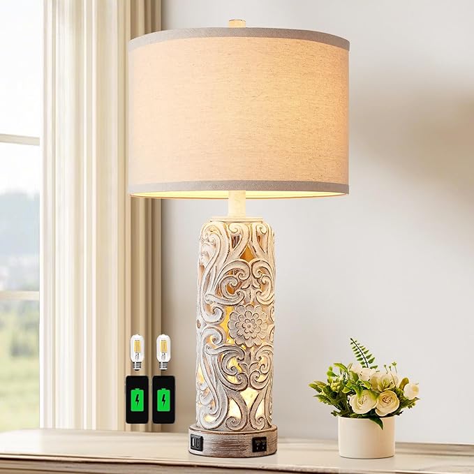 RORIANO Rustic Farmhouse Table Lamps for Living Room Bedroom, Vintage Bedside Lamp with Dual USB Port, Antique White Resin Retro Nightstand Lamps with Night Light, Bulbs Include - Bloomnest